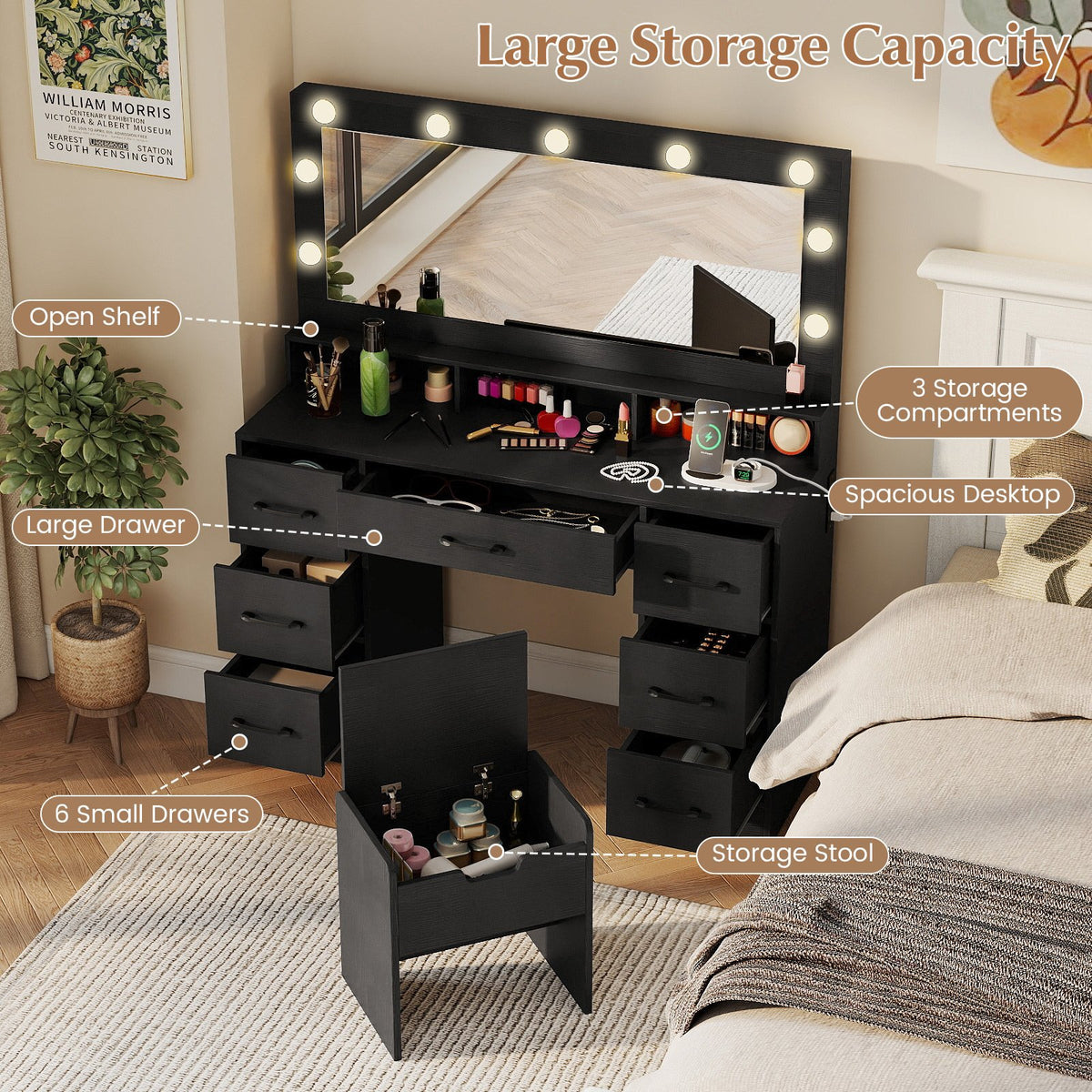 Vanity Desk with Mirror and Lights Makeup Table with Power Outlets-Black view 8