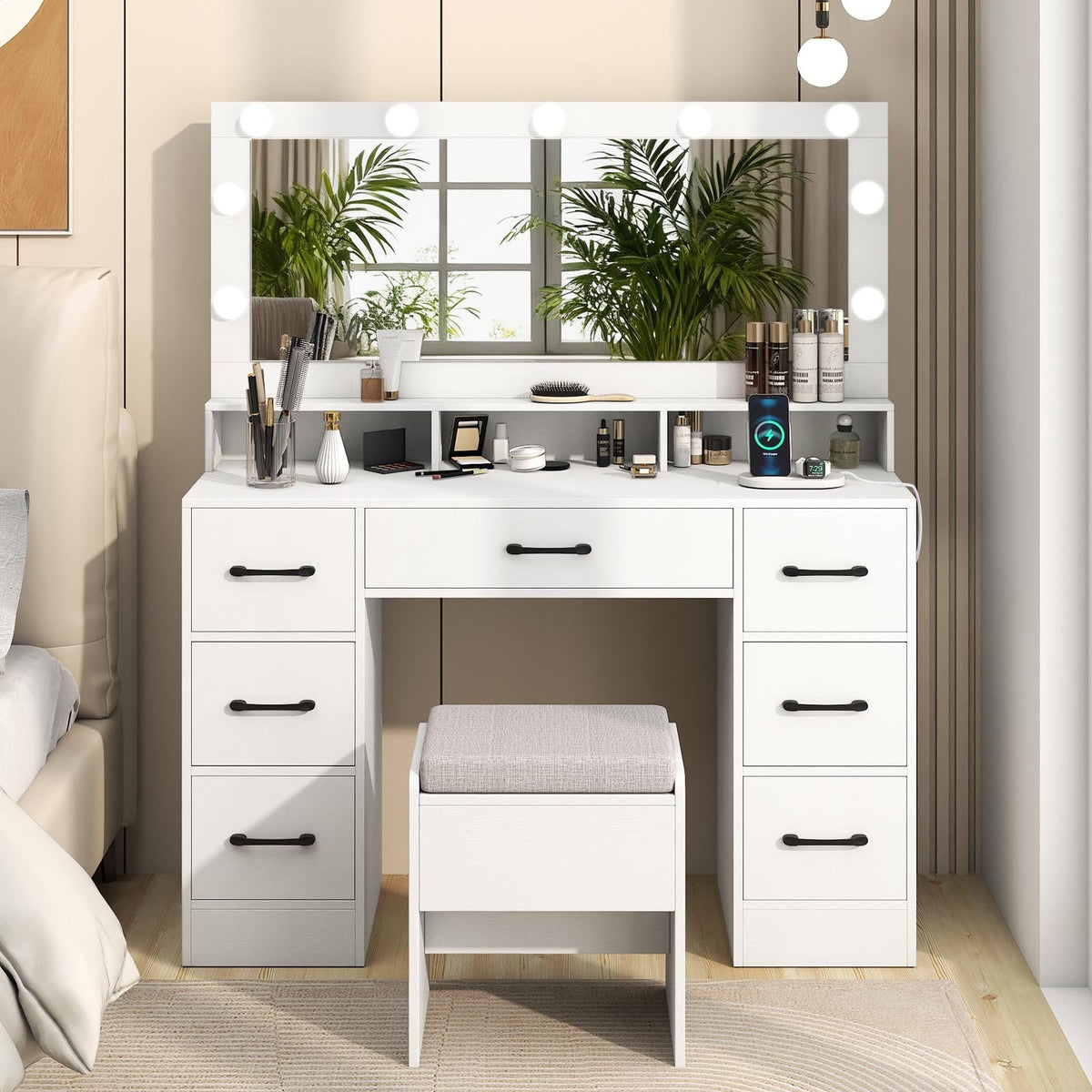 Vanity Desk with Mirror and Lights Makeup Table with Power Outlets-White view 3
