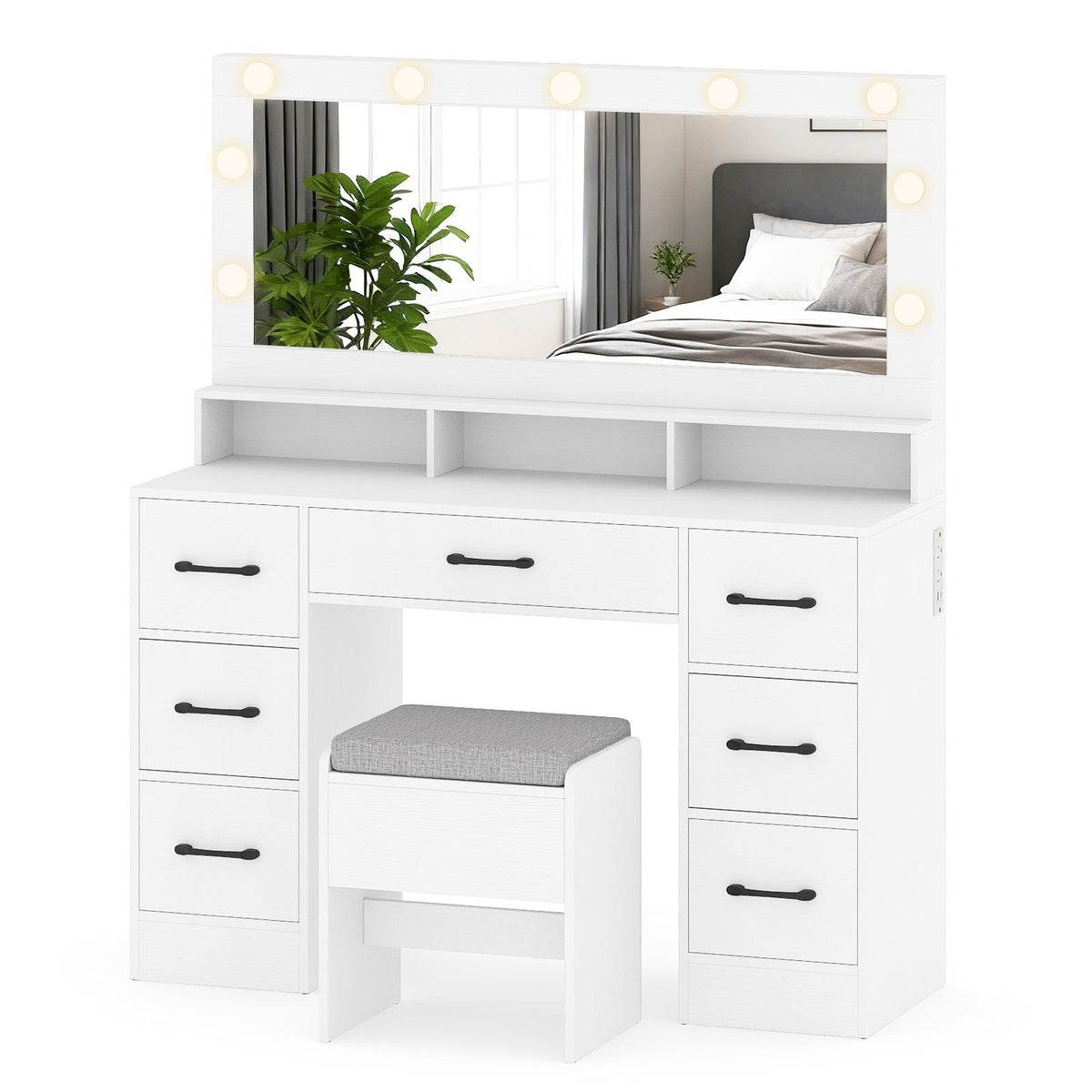 Vanity Desk with Mirror and Lights Makeup Table with Power Outlets-White view 4