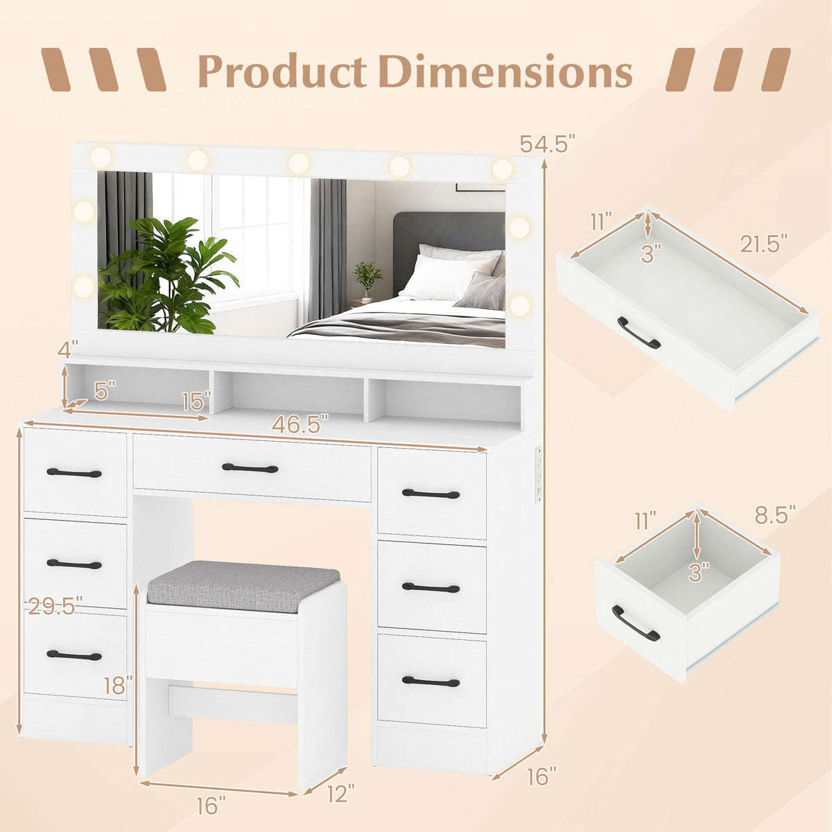 Vanity Desk with Mirror and Lights Makeup Table with Power Outlets-White view 5
