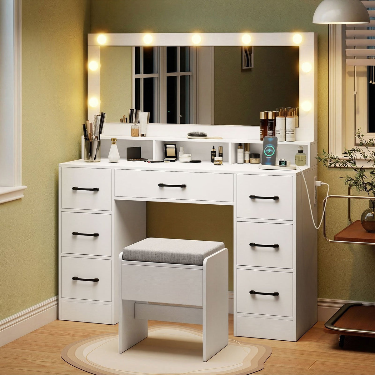 Vanity Desk with Mirror and Lights Makeup Table with Power Outlets-White view 7