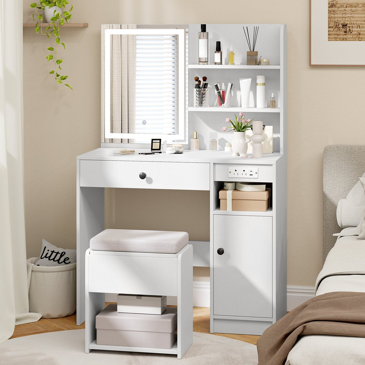 Vanity Desk with Mirror and Lights-White view 2