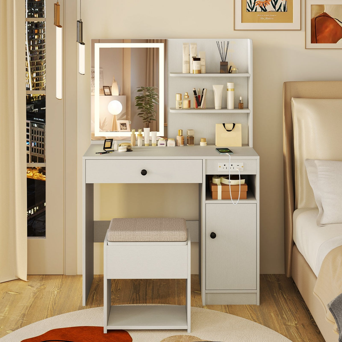 Vanity Desk with Mirror and Lights-White view 3