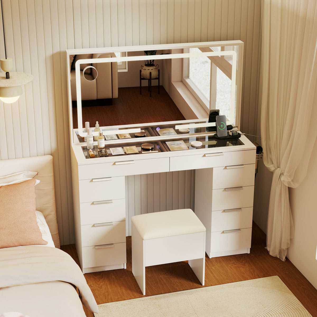 Vanity Desk with Mirror & Lights and Stool with Charging Station for Makeup-White view 2