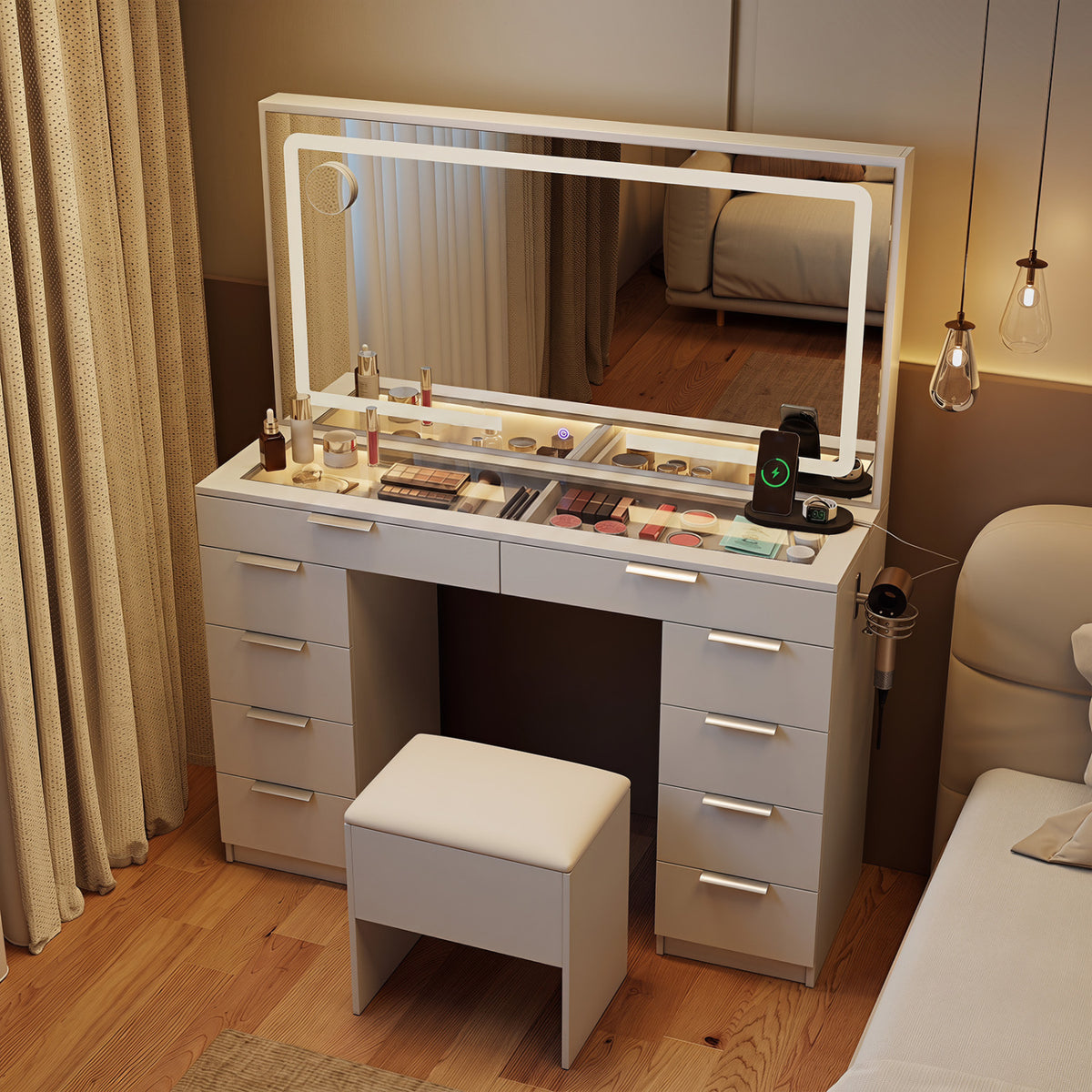 Vanity Desk with Mirror & Lights and Stool with Charging Station for Makeup-White view 3
