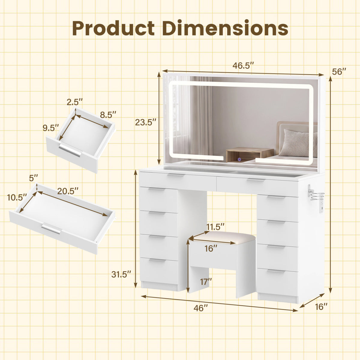 Vanity Desk with Mirror & Lights and Stool with Charging Station for Makeup-White view 4