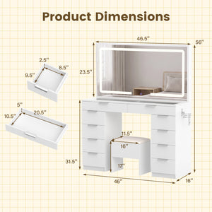 Vanity Desk with Mirror & Lights and Stool with Charging Station for Makeup-White view 4