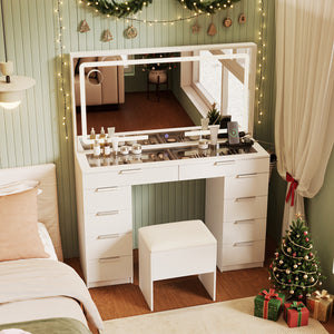 Vanity Desk with Mirror & Lights and Stool with Charging Station for Makeup-White view 5
