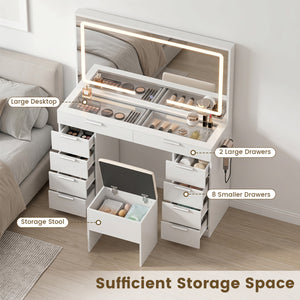 Vanity Desk with Mirror & Lights and Stool with Charging Station for Makeup-White view 7