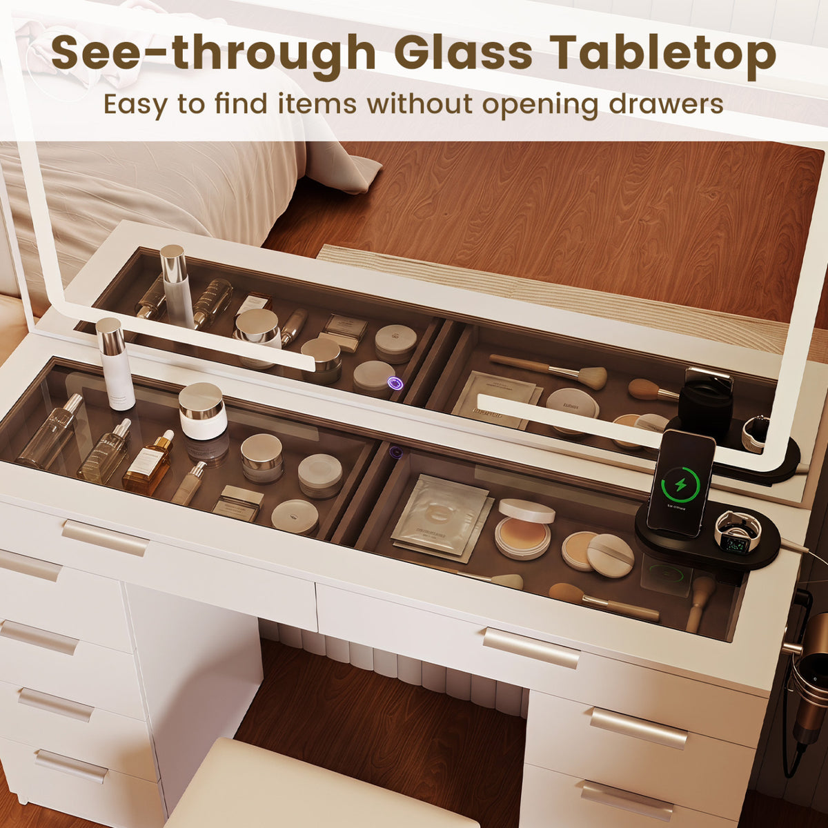Vanity Desk with Mirror & Lights and Stool with Charging Station for Makeup-White view 8