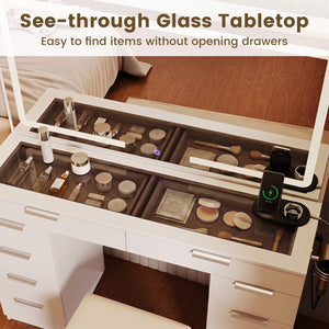 Vanity Desk with Mirror & Lights and Stool with Charging Station for Makeup-White view 8