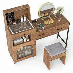 Vanity Desk with Mirror & Lights with Ring Slots & Necklace Hooks for Makeup-Natural & White