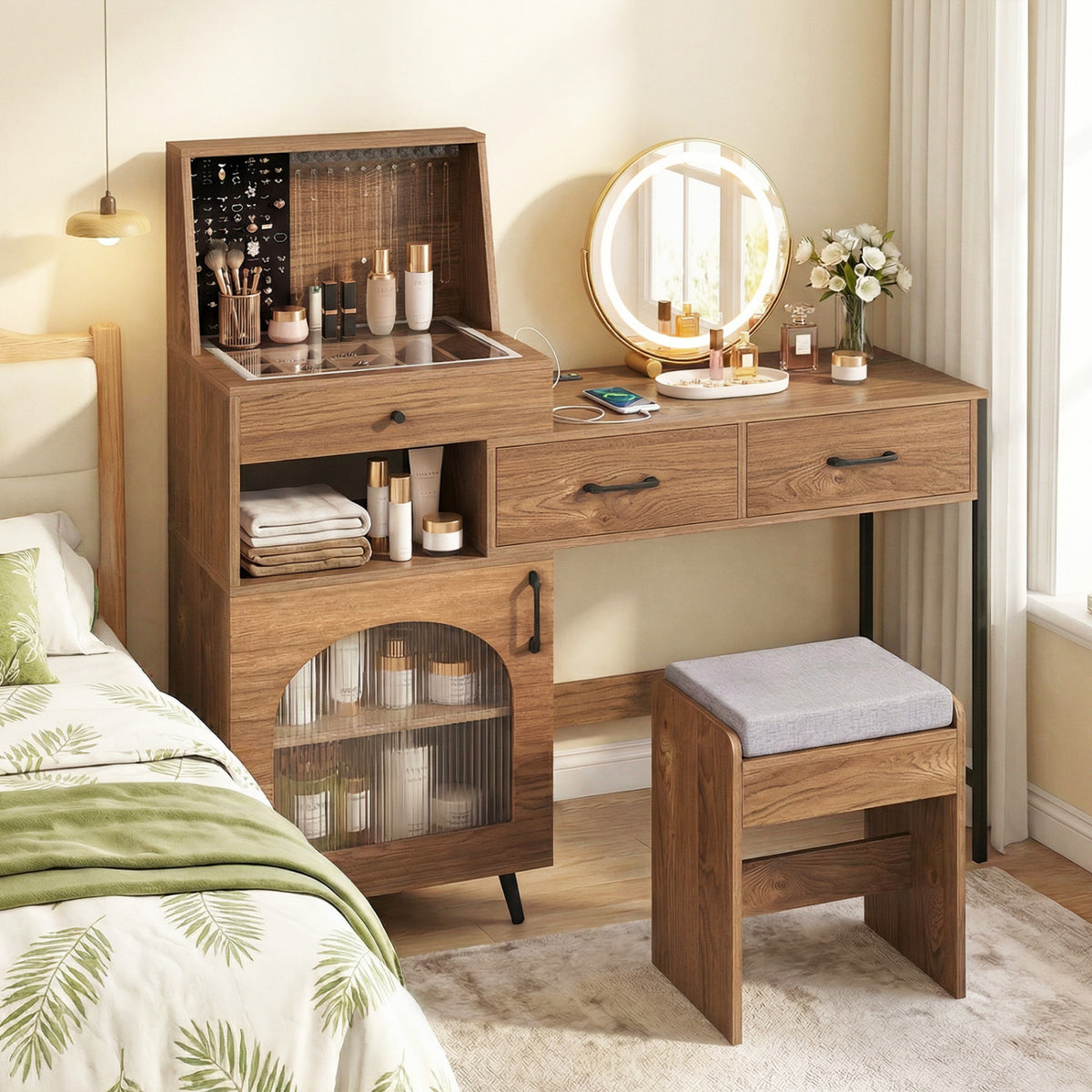 Vanity Desk with Mirror & Lights with Ring Slots & Necklace Hooks for Makeup-Natural & White view 2