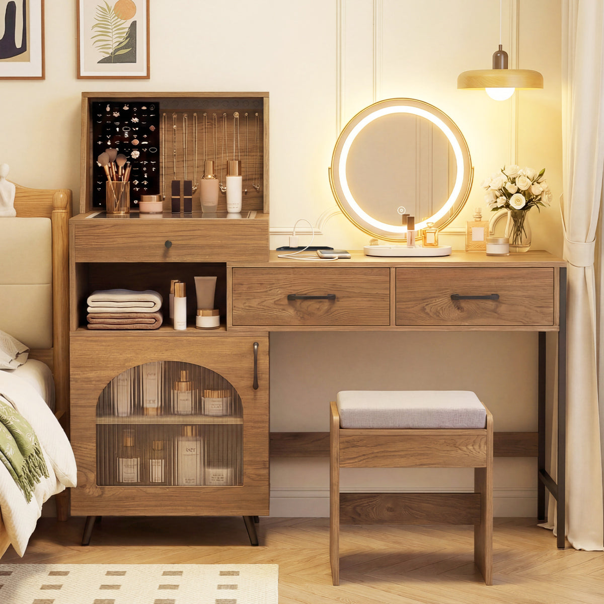 Vanity Desk with Mirror & Lights with Ring Slots & Necklace Hooks for Makeup-Natural & White view 3