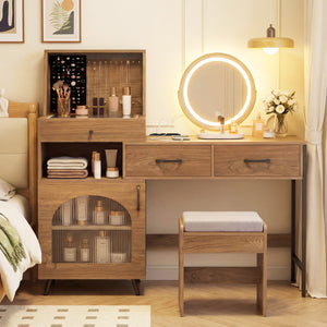 Vanity Desk with Mirror & Lights with Ring Slots & Necklace Hooks for Makeup-Natural & White view 3