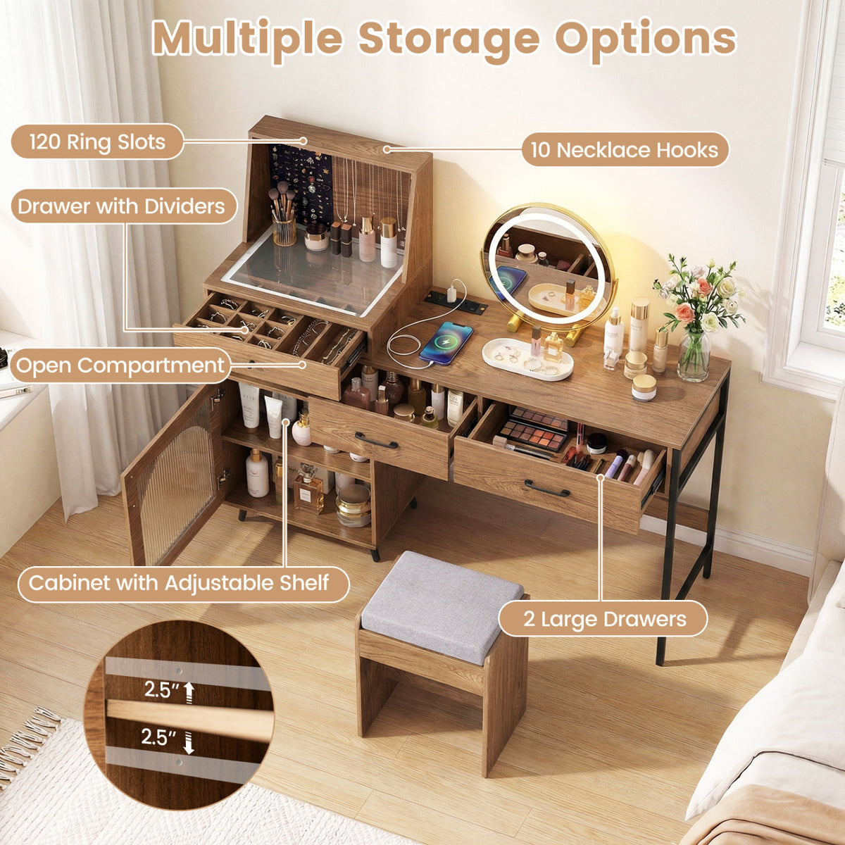Vanity Desk with Mirror & Lights with Ring Slots & Necklace Hooks for Makeup-Natural & White view 6