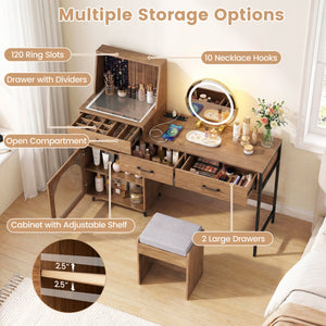 Vanity Desk with Mirror & Lights with Ring Slots & Necklace Hooks for Makeup-Natural & White view 6