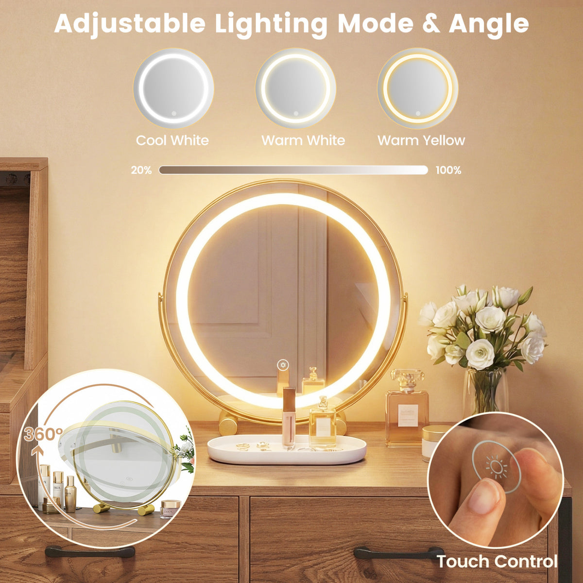 Vanity Desk with Mirror & Lights with Ring Slots & Necklace Hooks for Makeup-Natural & White view 7