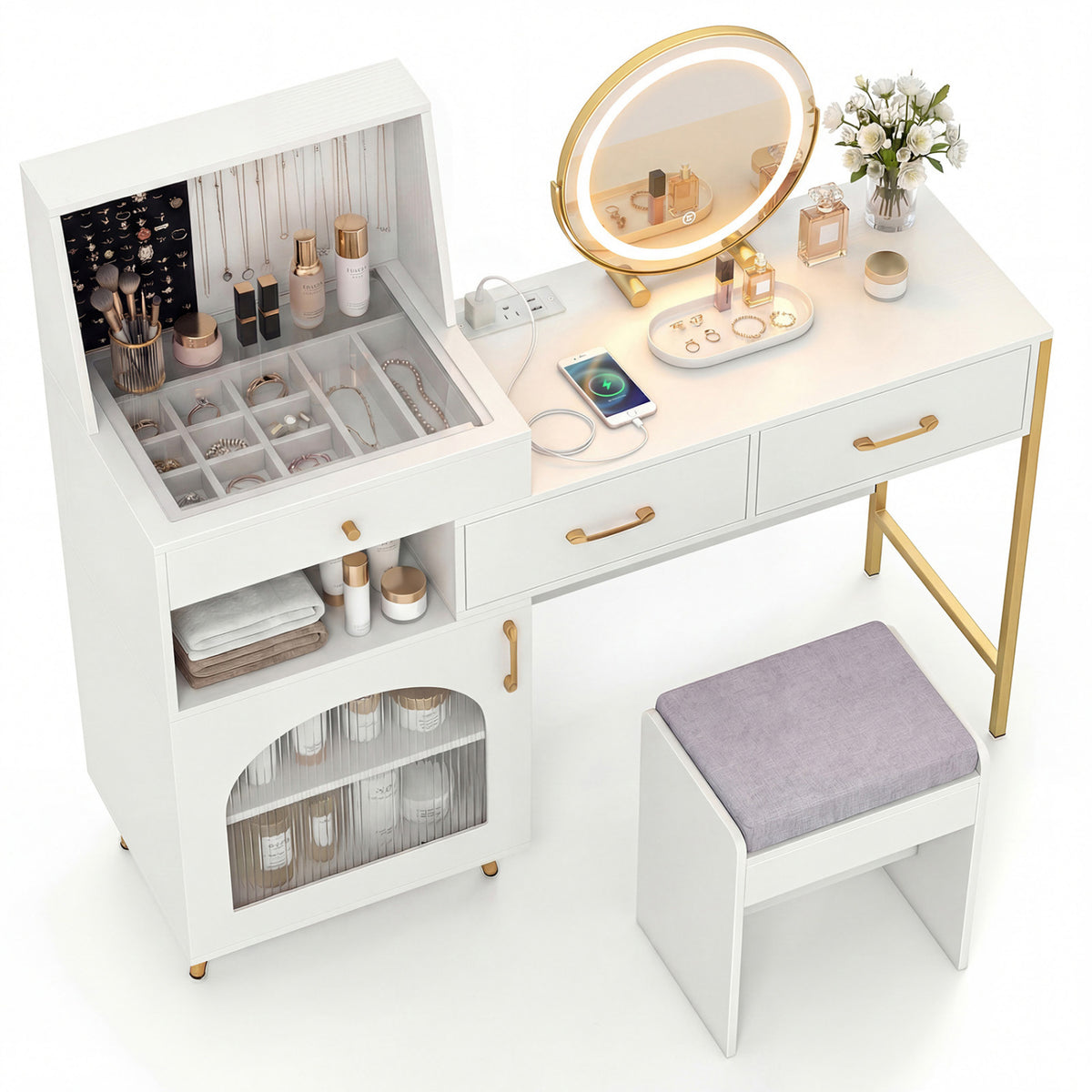 Vanity Desk with Mirror & Lights with Ring Slots & Necklace Hooks for Makeup-White