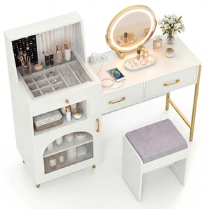 Vanity Desk with Mirror & Lights with Ring Slots & Necklace Hooks for Makeup-White