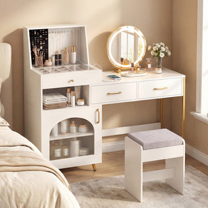 Vanity Desk with Mirror & Lights with Ring Slots & Necklace Hooks for Makeup-White view 2