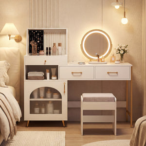 Vanity Desk with Mirror & Lights with Ring Slots & Necklace Hooks for Makeup-White view 3