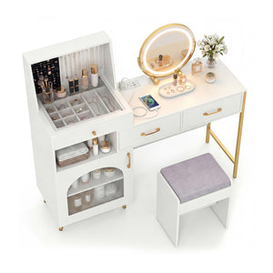 Vanity Desk with Mirror & Lights with Ring Slots & Necklace Hooks for Makeup-White view 4