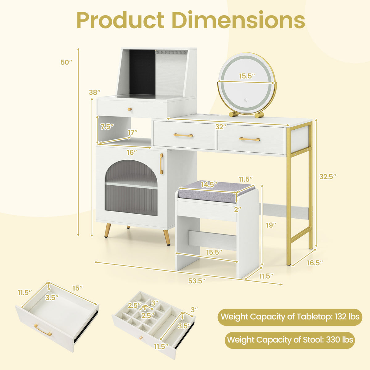 Vanity Desk with Mirror & Lights with Ring Slots & Necklace Hooks for Makeup-White view 5