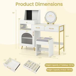 Vanity Desk with Mirror & Lights with Ring Slots & Necklace Hooks for Makeup-White view 5