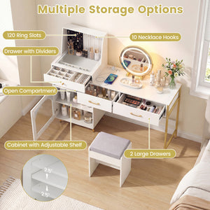 Vanity Desk with Mirror & Lights with Ring Slots & Necklace Hooks for Makeup-White view 6