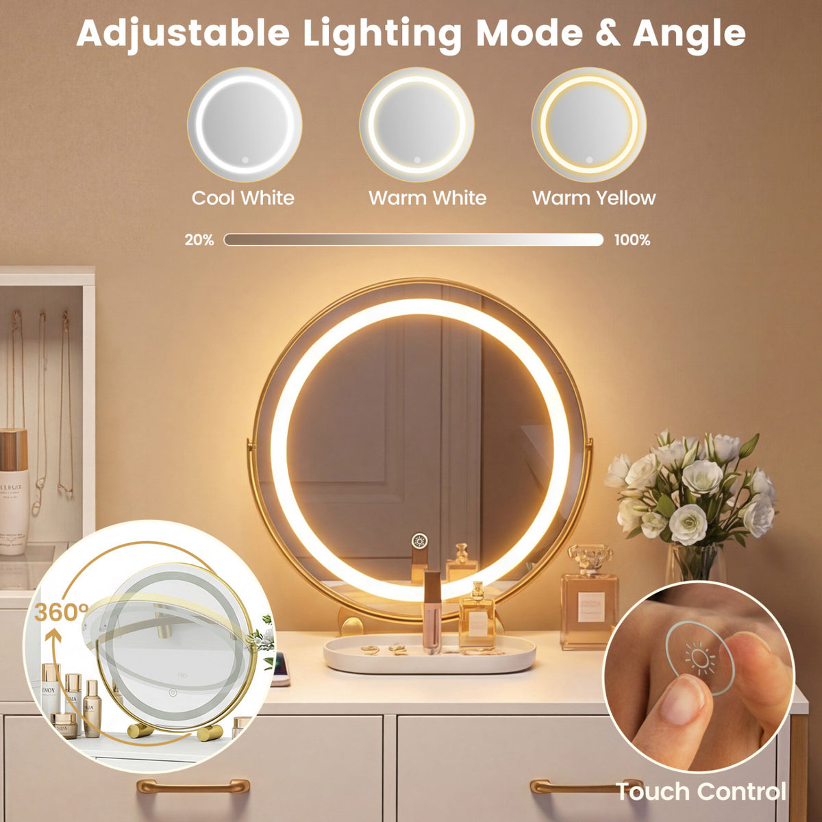 Vanity Desk with Mirror & Lights with Ring Slots & Necklace Hooks for Makeup-White view 8