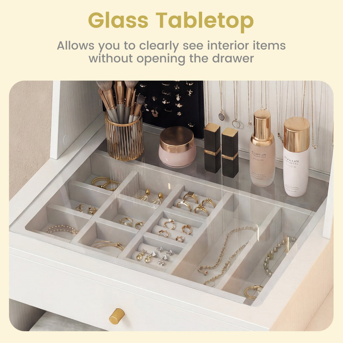 Vanity Desk with Mirror & Lights with Ring Slots & Necklace Hooks for Makeup-White view 9