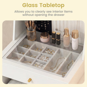 Vanity Desk with Mirror & Lights with Ring Slots & Necklace Hooks for Makeup-White view 9