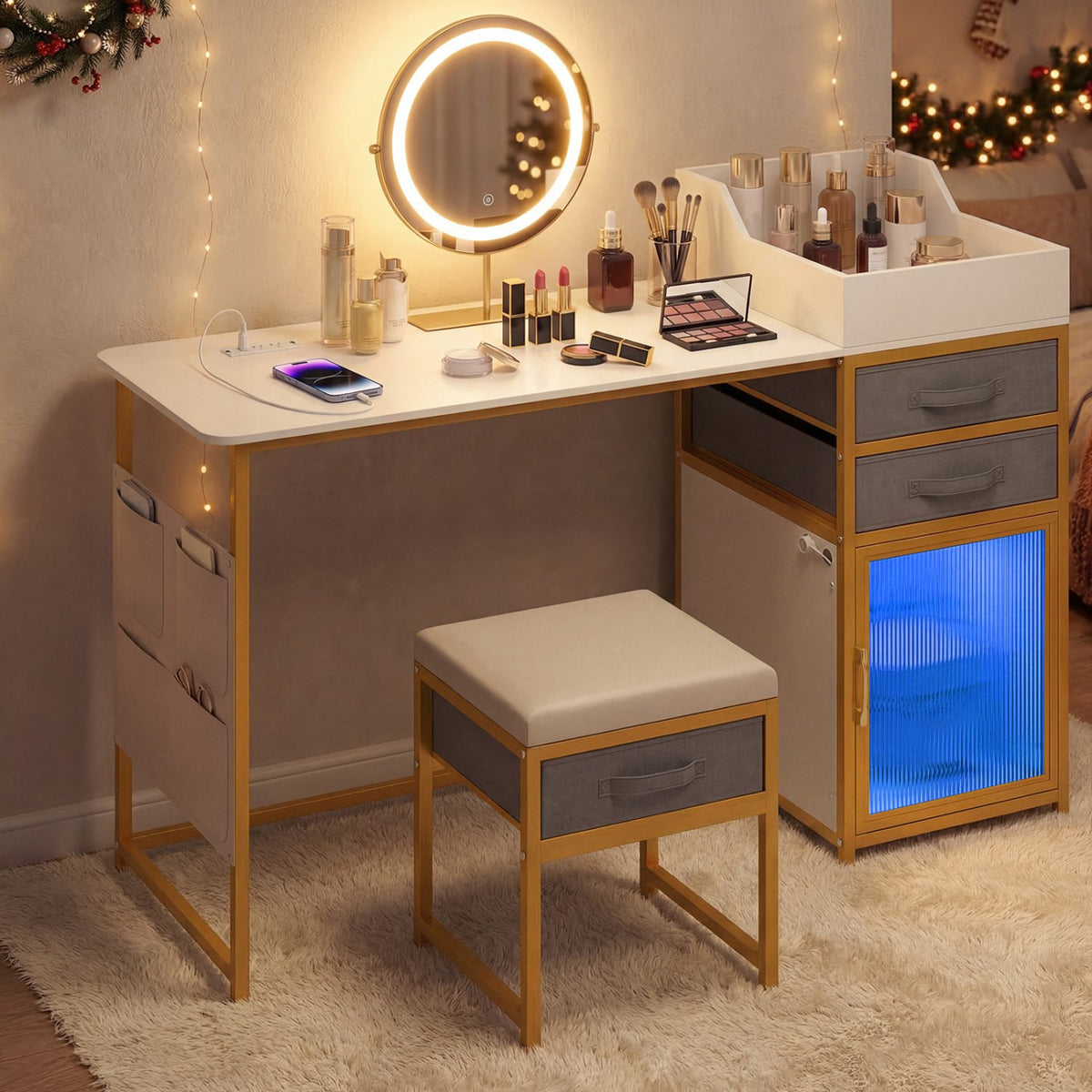 Vanity Desk with Rotatable Lighted Mirror 55 Inch Makeup Vanity Table-White view 3