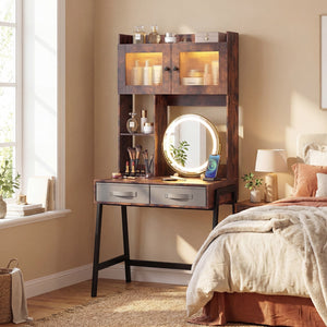 Vanity Desk with Rotatable Mirror and Lights Modern Dressing Table with 3 Light Colors-Brown view 2
