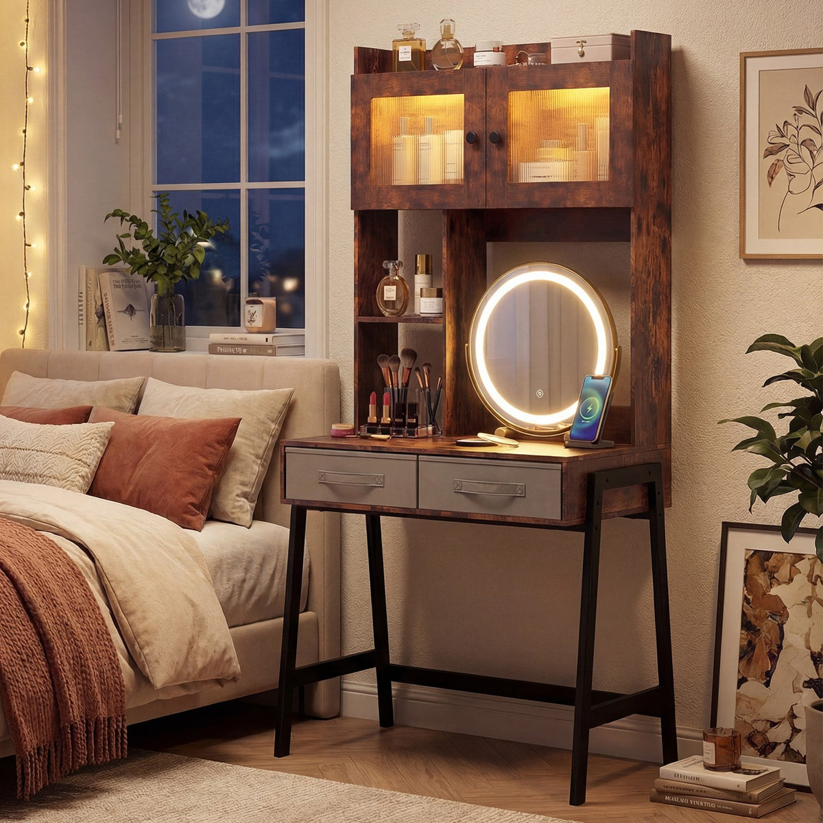 Vanity Desk with Rotatable Mirror and Lights Modern Dressing Table with 3 Light Colors-Brown view 3