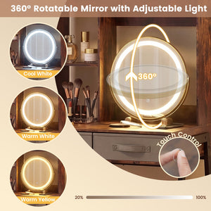 Vanity Desk with Rotatable Mirror and Lights Modern Dressing Table with 3 Light Colors-Brown view 6