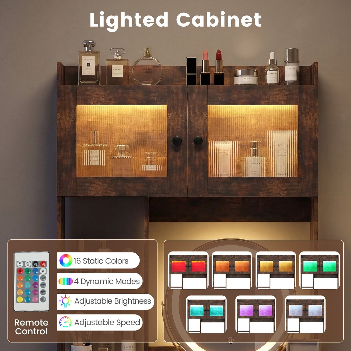 Vanity Desk with Rotatable Mirror and Lights Modern Dressing Table with 3 Light Colors-Brown view 7