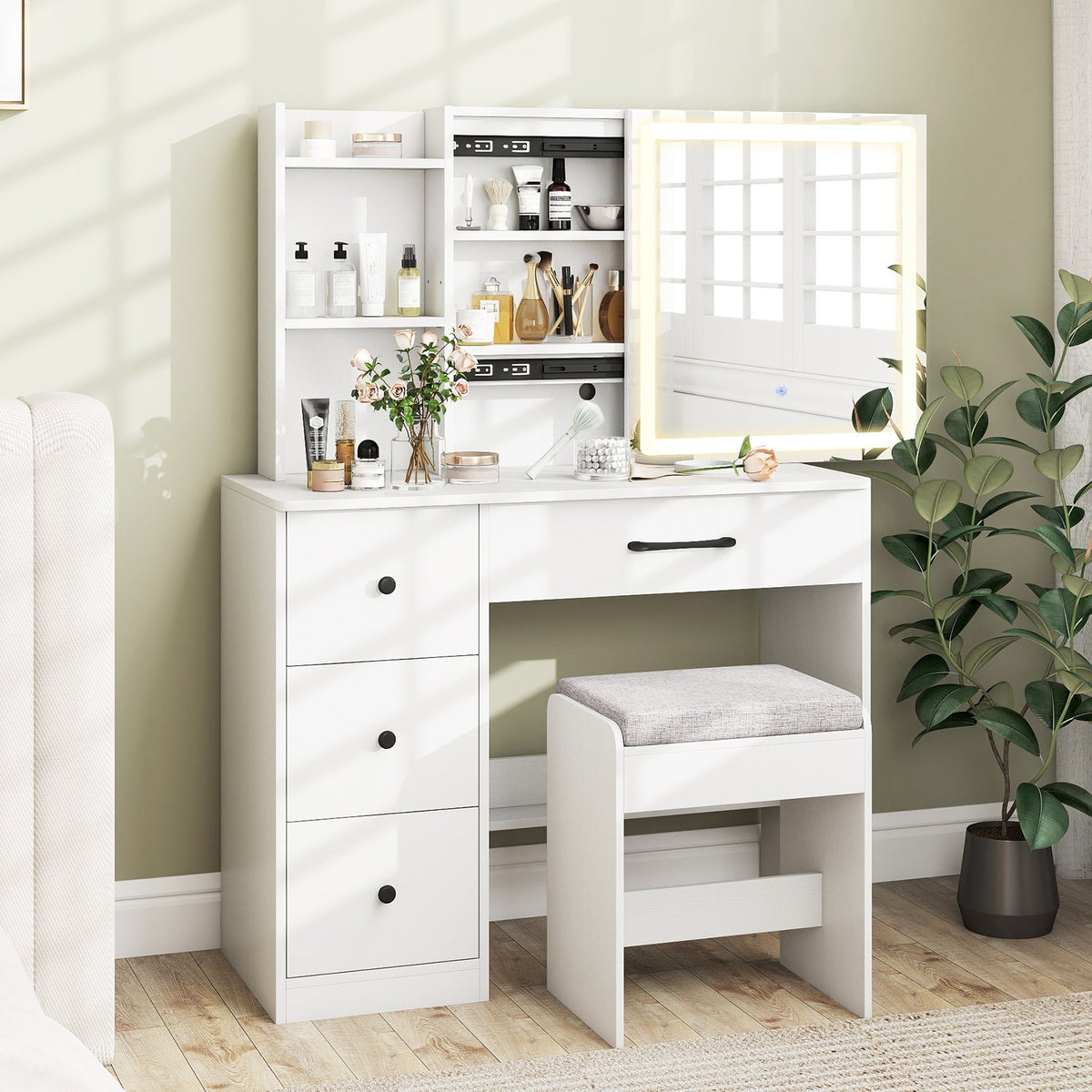 Vanity Desk with Sliding Mirror and Lights Makeup Table and Chair Set with 4 Drawers-White view 2