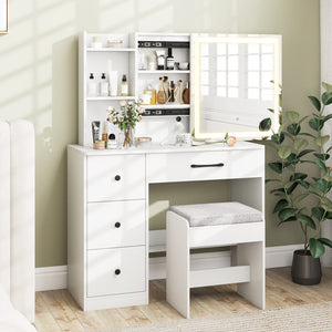 Vanity Desk with Sliding Mirror and Lights Makeup Table and Chair Set with 4 Drawers-White view 2