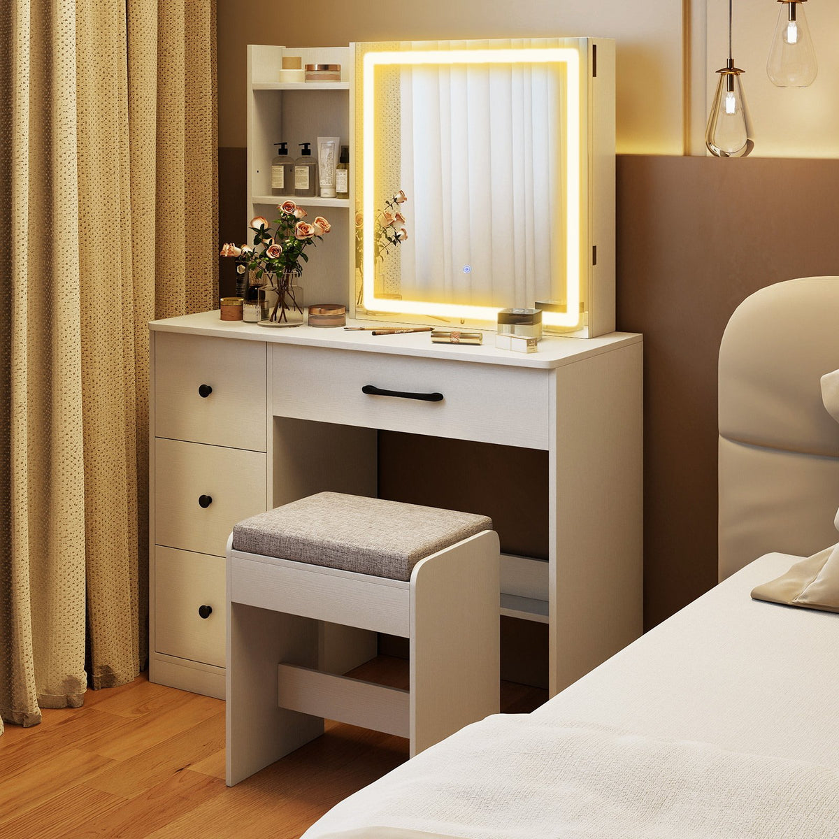 Vanity Desk with Sliding Mirror and Lights Makeup Table and Chair Set with 4 Drawers-White view 3