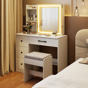 Vanity Desk with Sliding Mirror and Lights Makeup Table and Chair Set with 4 Drawers-White view 3