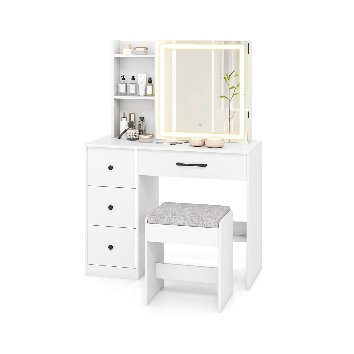 Vanity Desk with Sliding Mirror and Lights Makeup Table and Chair Set with 4 Drawers-White view 4