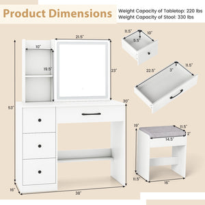 Vanity Desk with Sliding Mirror and Lights Makeup Table and Chair Set with 4 Drawers-White view 5