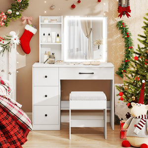 Vanity Desk with Sliding Mirror and Lights Makeup Table and Chair Set with 4 Drawers-White view 6