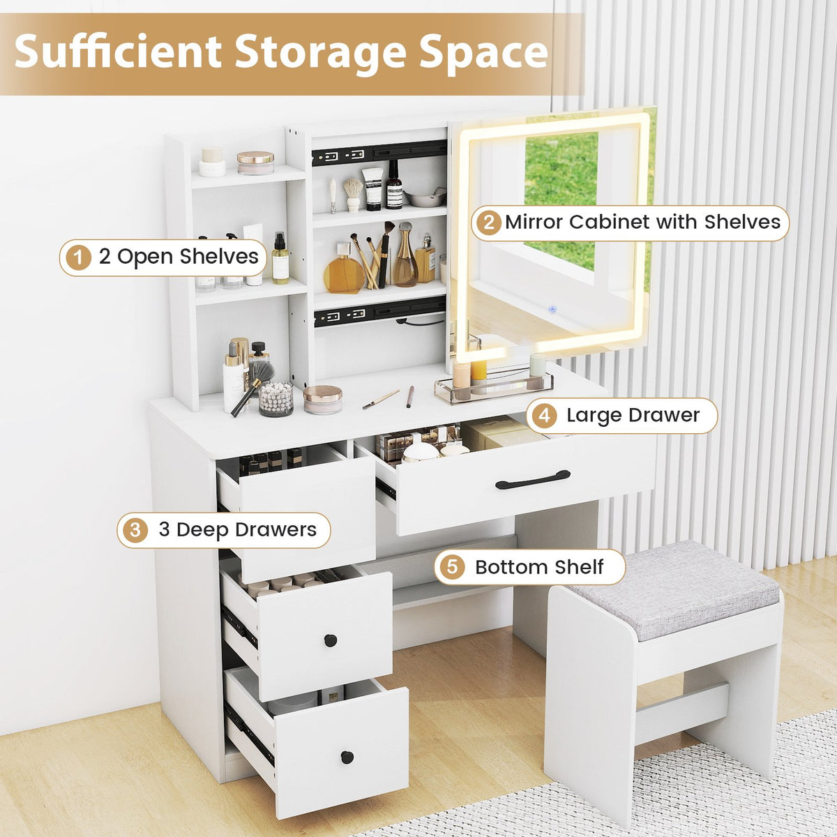 Vanity Desk with Sliding Mirror and Lights Makeup Table and Chair Set with 4 Drawers-White view 8