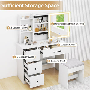 Vanity Desk with Sliding Mirror and Lights Makeup Table and Chair Set with 4 Drawers-White view 8