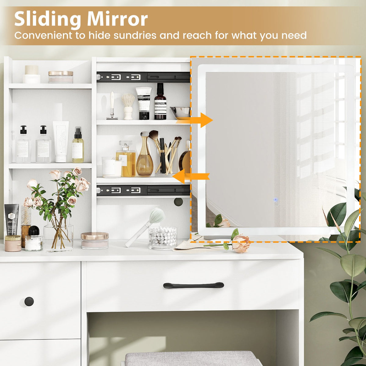 Vanity Desk with Sliding Mirror and Lights Makeup Table and Chair Set with 4 Drawers-White view 9
