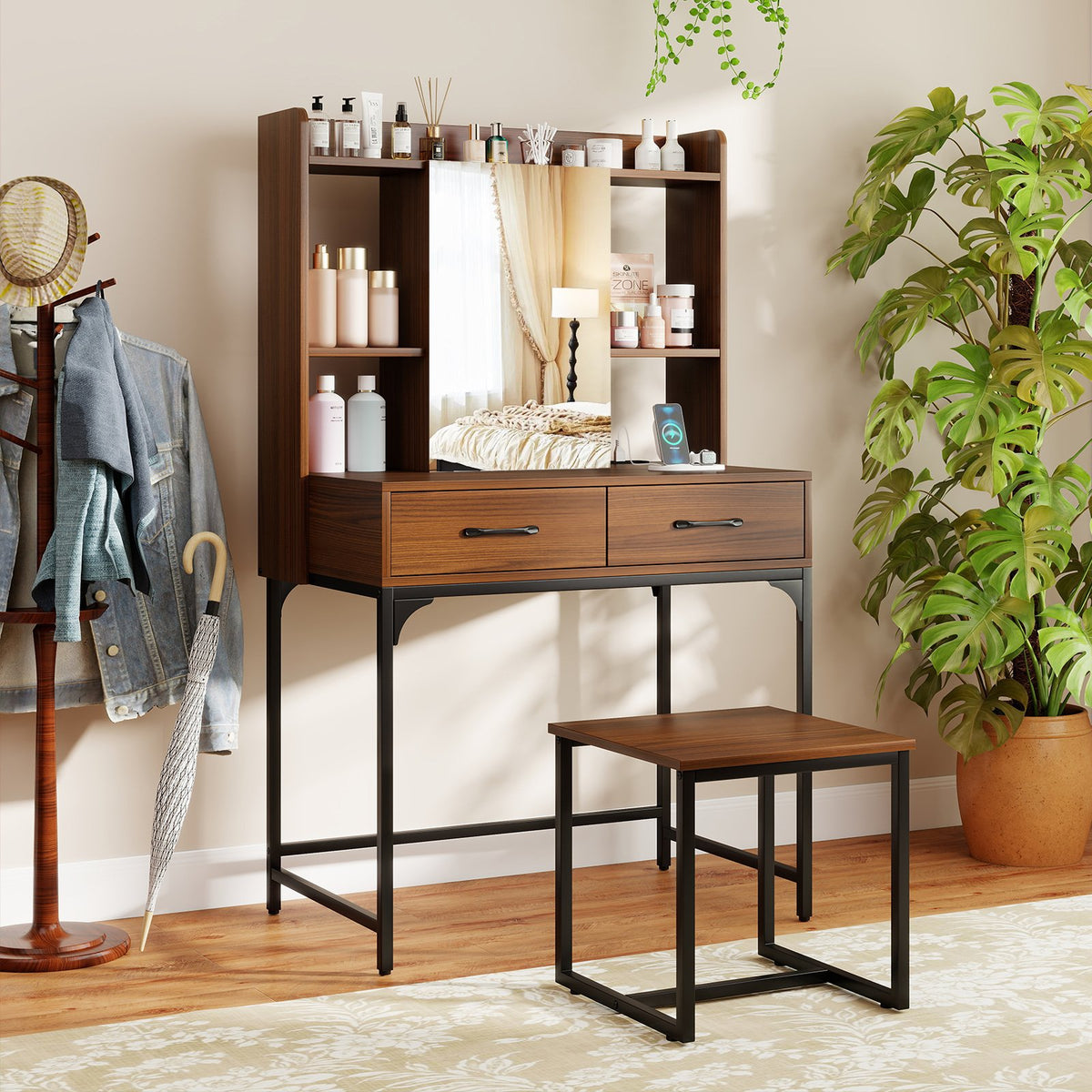 Vanity Desk with Storage Drawers and Charging Station-Walnut view 2