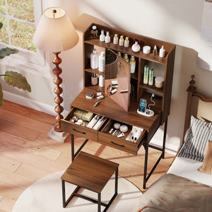 Vanity Desk with Storage Drawers and Charging Station-Walnut view 9